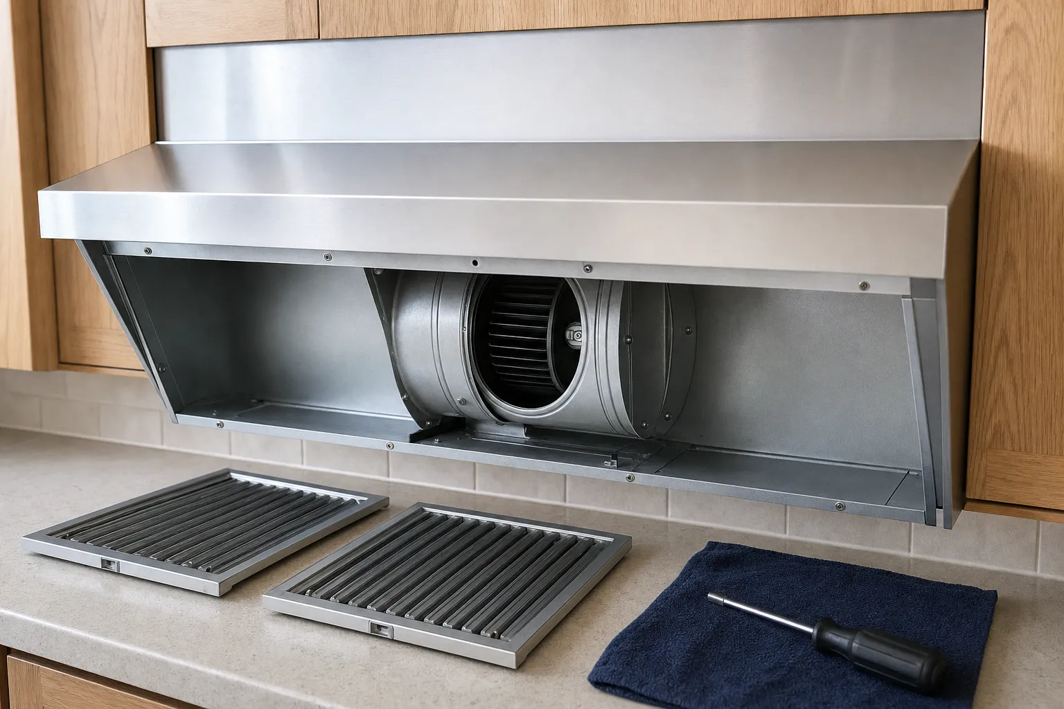 Stainless range hood with the lower panel off exposing the blower wheel, baffle filters on the counter