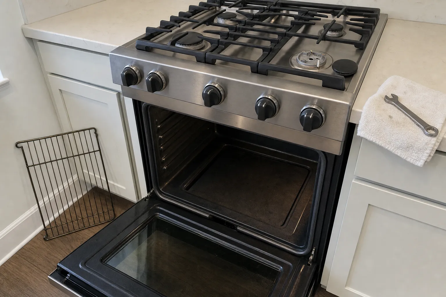 Stainless gas range with black knobs, the oven door open and a burner cap lifted off the cooktop