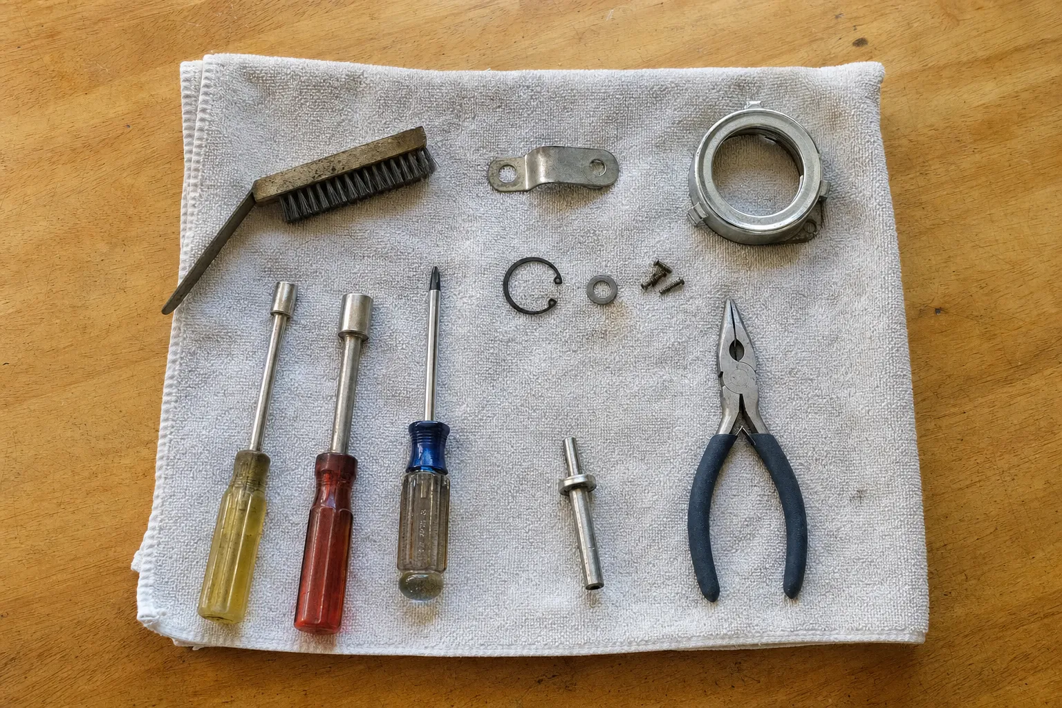 Nut drivers, a screwdriver, pliers, a wire brush and small appliance parts laid out on a towel