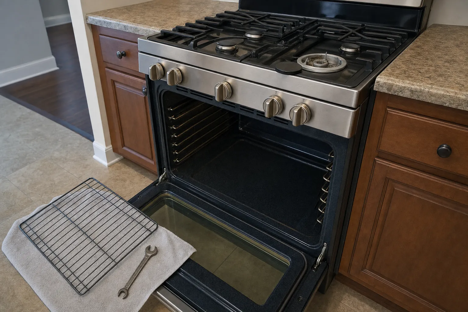 Stainless gas range with the oven door lowered, an oven rack and wrench on a towel on the floor