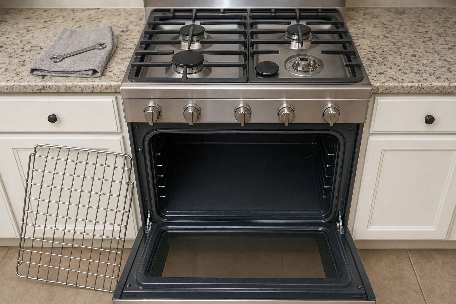Oven door fully lowered on a stainless gas range, racks removed and the empty cavity exposed