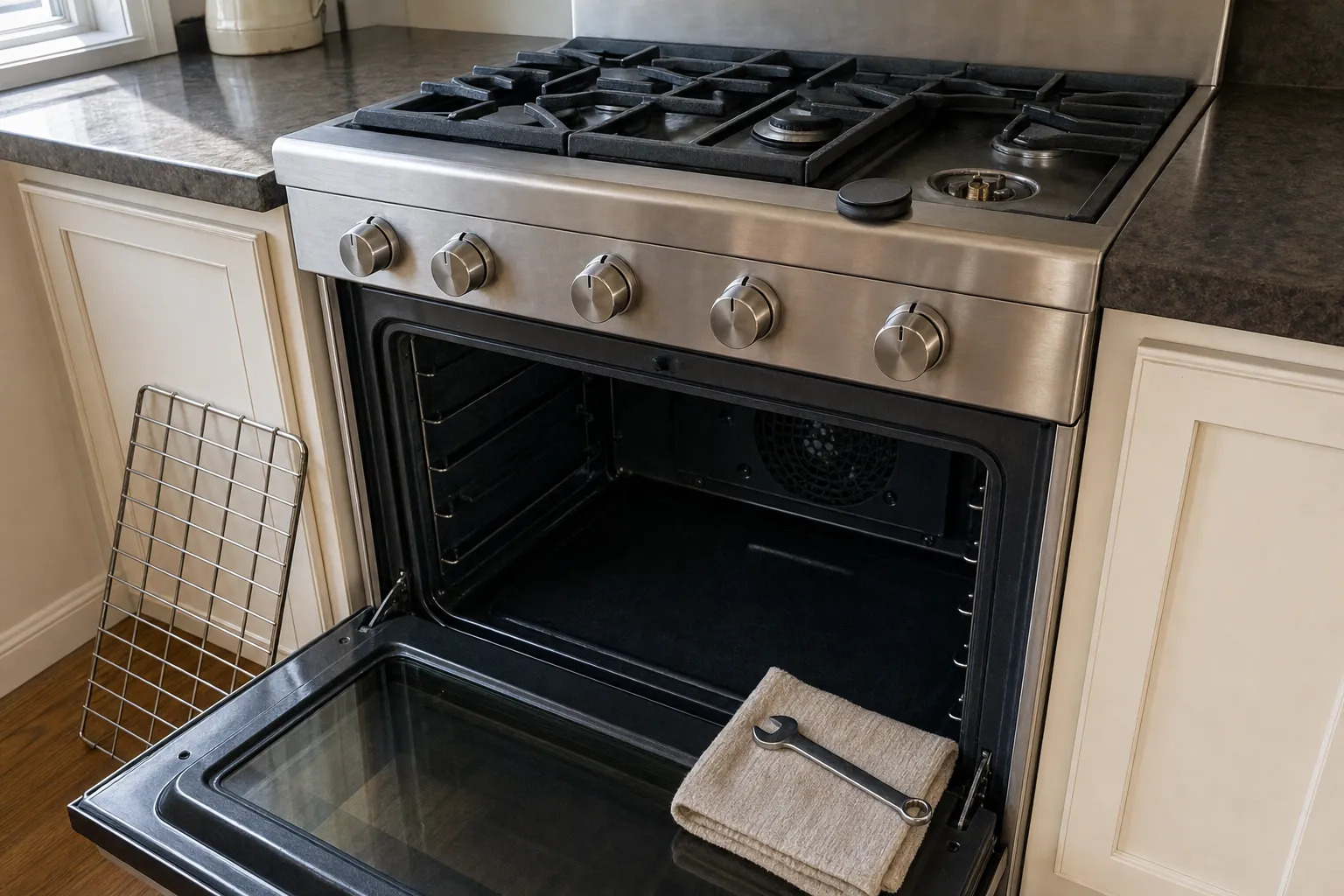 Stainless gas range with the oven door open, an oven rack out and a wrench resting on a folded towel