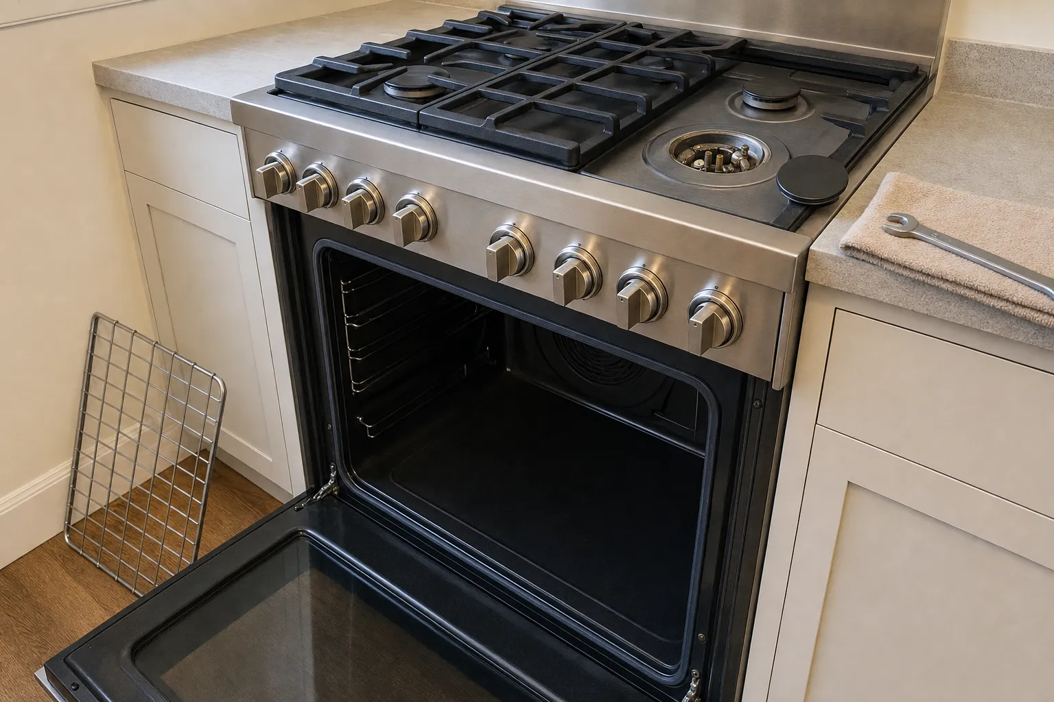 Eight-knob gas range with the oven door open, one burner uncapped, a wire rack leaning on the cabinet and a wrench on a towel