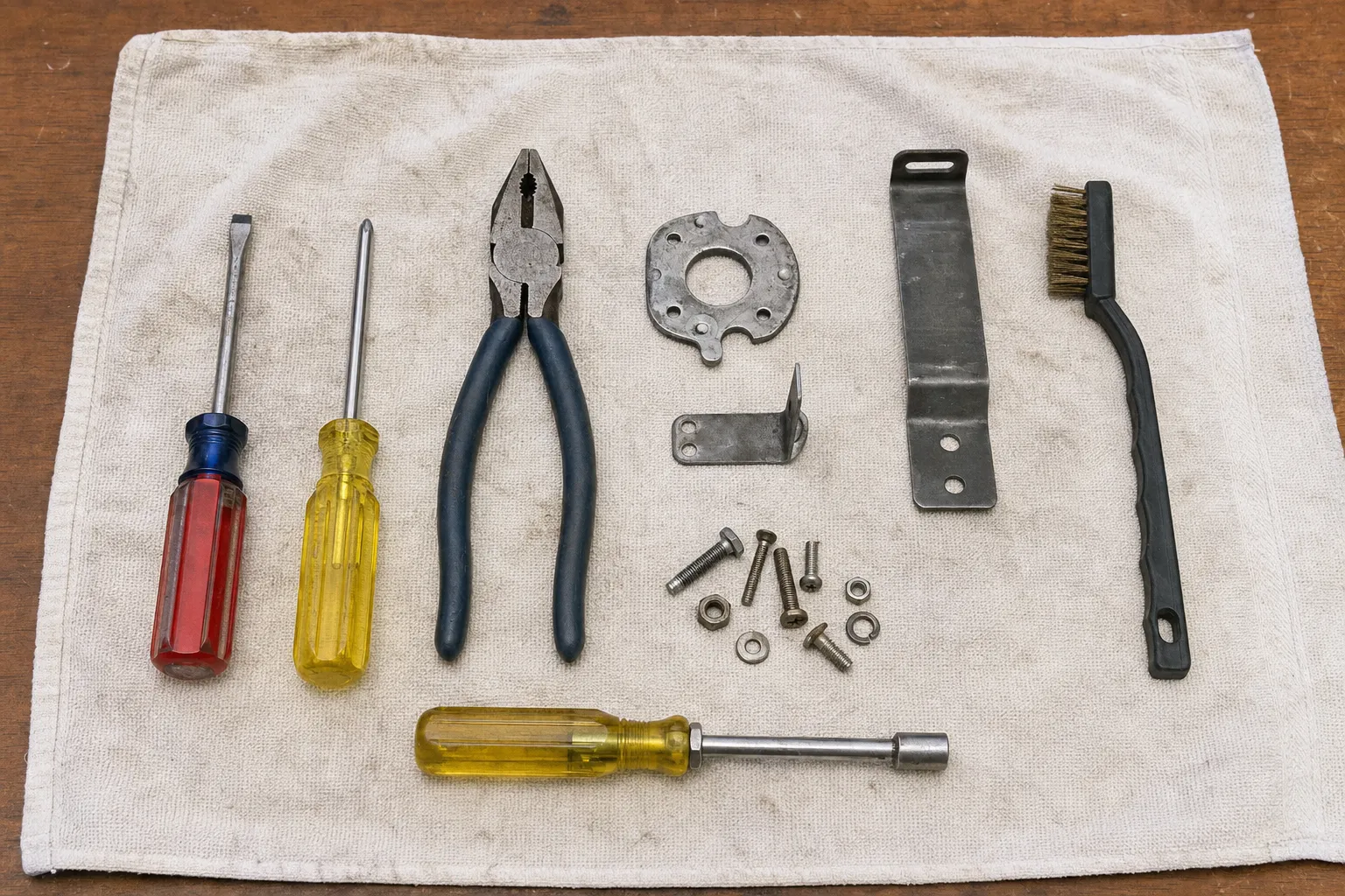 Screwdrivers, a nut driver and pliers beside a round mounting plate, an angle bracket, a long strap bracket, bolts and washers on a towel
