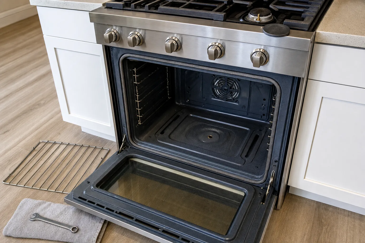 Gas range between white shaker cabinets with the oven open to its rear fan cover, a rack and a wrench on a towel on the floor